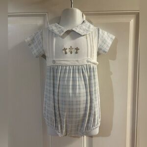 12/18M Baby Loren Blue Holly 3 Cross Hand Embroidered Pima Short sleeve Bubble